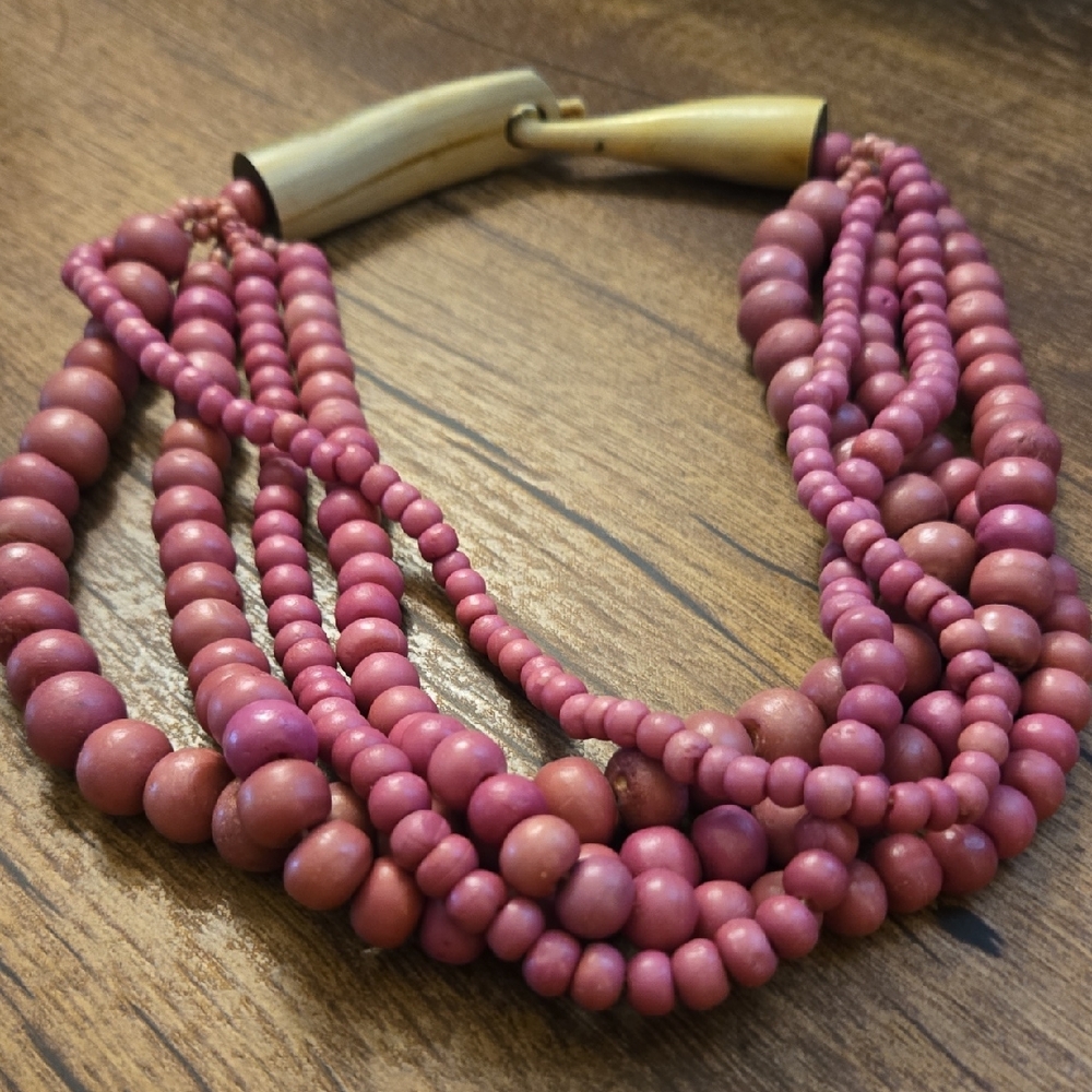 ​Boho Wooden Pink Bead Necklace Multi-Strand Statement
